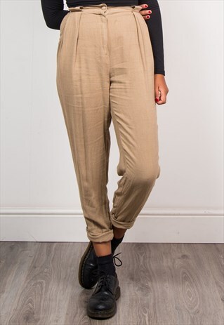 VINTAGE 90'S BEIGE HIGH WAIST LINEN TAPERED TROUSERS