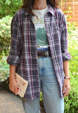 90S VINTAGE GREY AND RED CHECKED FLANNEL SHIRT