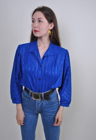 VINTAGE BLUE STRIPED BRIGHT BLOUSE, 80S SUIT EVENING SHIRT