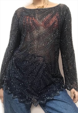VINTAGE SILK CHIFFON BEADED DECO EMBELLISHED BLOUSE TOP