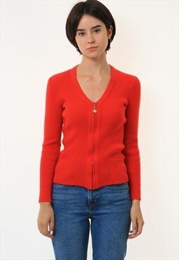 CELINE Pure Wool Zip Fastens Red V Neck Woman Cardigan
