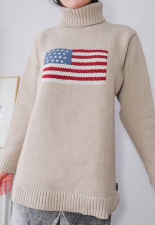 VINTAGE BEIGE USA AMERICAN FLAG TURTLENECK KNIT DRESS