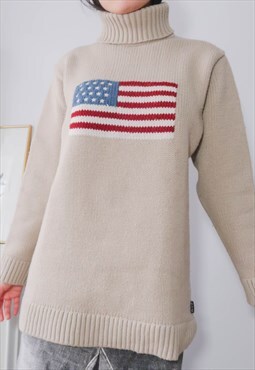 Vintage Beige USA American Flag Turtleneck Knit Dress