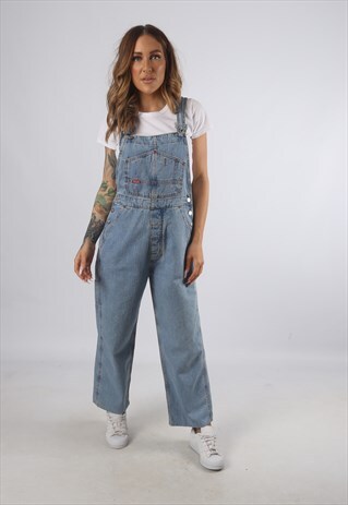 VINTAGE DENIM DUNGAREES WIDE LEG UK S 10 (J93C)
