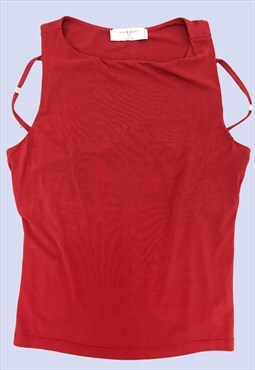 90s Red Slinky Sleeveless Retro 'U' Bead Casual Vest Top