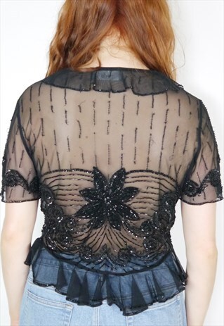 VINTAGE 90S Y2K BLACK MESH SHEER SEQUIN TIE UP TOP