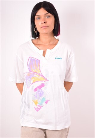 DIADORA WOMENS VINTAGE T-SHIRT TOP LARGE WHITE 90S