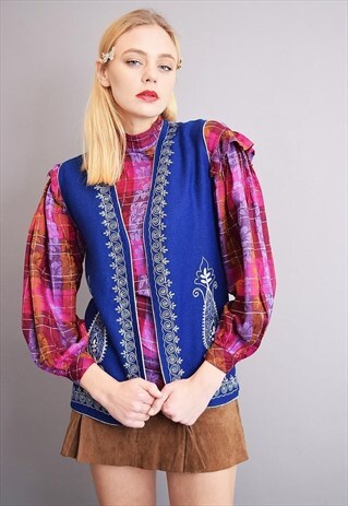 70'S BOHO FESTIVAL ABSTRACT EMBROIDERY OPEN FRONT GILET TOP