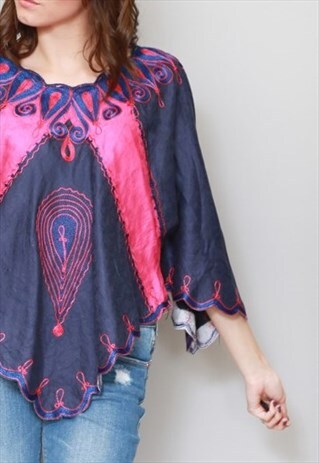 VINTAGE 1970'S NAVY & PINK EMBROIDERED HIPPY BOHO TOP