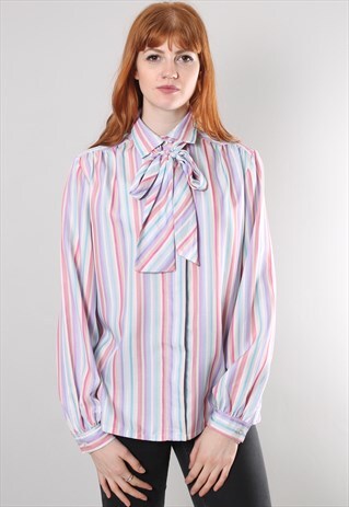 VINTAGE 80S STRIPE TIE NECK BLOUSE