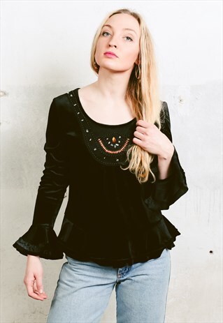 VINTAGE Y2K FLARE SLEEVE BLACK VELVET TOP