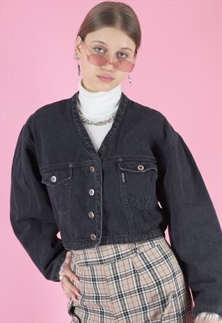 VINTAGE 80S DENIM JACKET IN BLACK CROPPED
