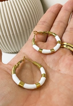 Gold Plated White Notched Hoop Earrings