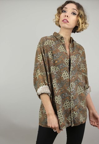 VINTAGE 80S 90S OVERSIZED LONG SLEEVE PATTERNED SHIRT BLUE