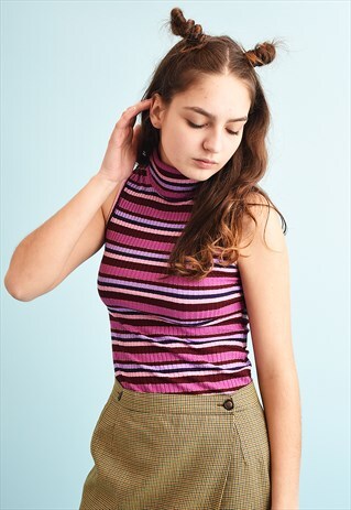 Y2K STRIPED TURTLENECK SHIMMER PARTY TEEN KITSCH TOP