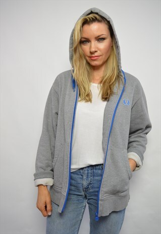 VINTAGE 90S FRED PERRY GREY & BLUE HOODED SWEATSHIRT PREPPY