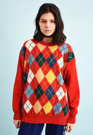 80'S RETRO ARGYLE PATTERN WOOL KNIT JUMPER
