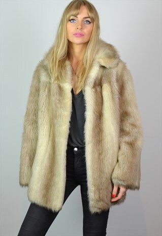 PREMIUM VINTAGE 60S LIGHT CREAM & BROWN FAUX FUR COAT