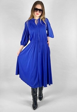 70's Blue Slinky Vintage 3/4 Bell Sleeve Ladies Midi Dress