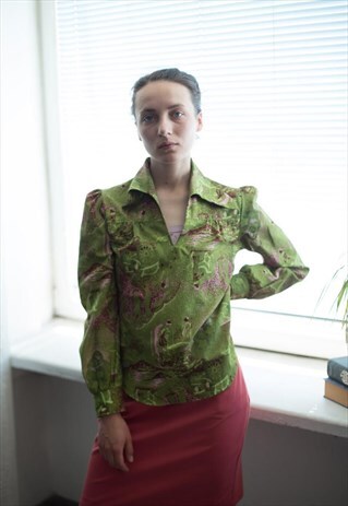 VINTAGE 70'S GREEN PATTERNED LONG SLEEVED BLOUSE