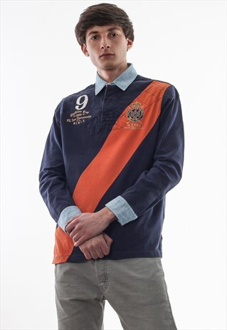 VINTAGE POLO RALPH LAUREN 90S NAVY BLUE ORANGE LONG SLEEVE