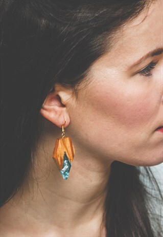WOOD AND BLUE RESIN EARRINGS TURQUOISE BOHO GIFT FOR WOMEN