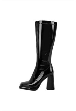 Platform Square Toe Chunky Heel Knee High Boots