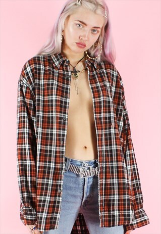 VINTAGE 90S FLANNEL SHIRT Y2K BROWN OVERSIZED CHECK TARTAN