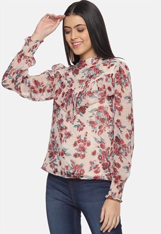 IS.U FRONT RUFFLE ALL OVER FLORAL PRINTED TOP