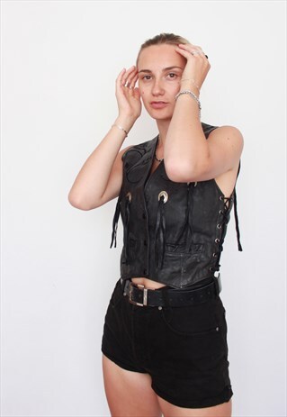 VINTAGE 90S REAL LEATHER BLACK BIKER FRINGE WAISTCOAT JACKET