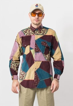 Vintage printed corduroy shirt in rainbow patchwork print
