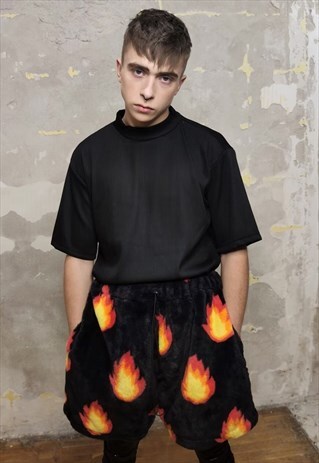 Flame fleece shorts handmade fire bolt overalls in black