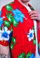 RED HAWAIIAN SHIRT, 80S VOCATION SUMMER BUTTON DOWN, FLOWERS