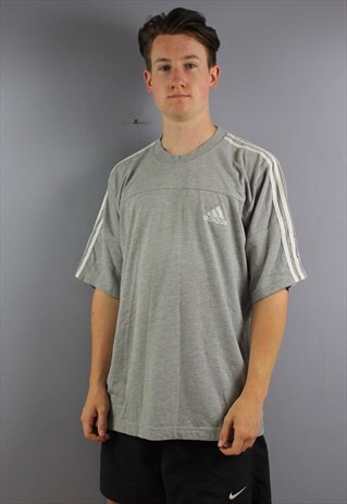 VINTAGE ADIDAS T-SHIRT IN GREY WITH EMBROIDERED LOGO AND THR