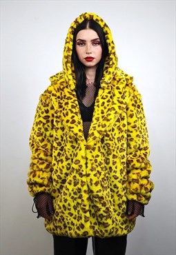 Hooded leopard coat yellow faux fur trench animal print spot