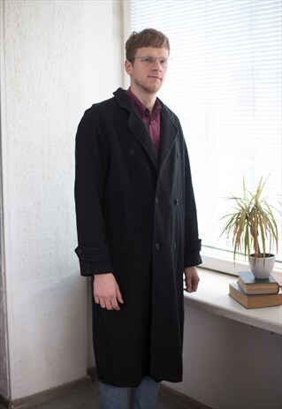 VINTAGE 60'S WOOL DOUBLE BREASTED BELTED COAT IN BLACK