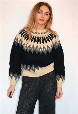 VINTAGE 90S BLACK, GREY & CREAM FAIRISLE CHUNKY KNIT JUMPER