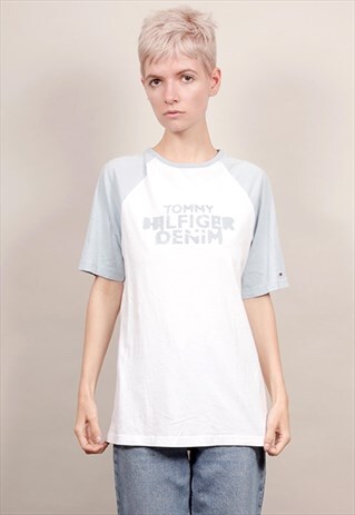VINTAGE 90'S BLUE/WHITE TOMMY HILFIGER RAGLAN T-SHIRT
