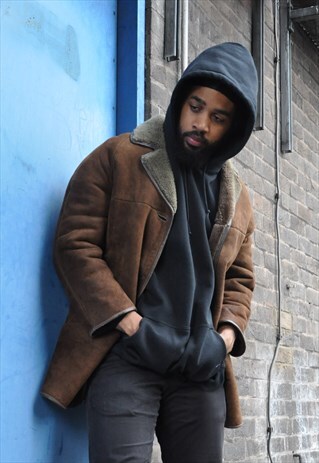 VTG 70S BROWN SHEEPSKIN SHEARLING WINTER LEATHER TRIM COAT