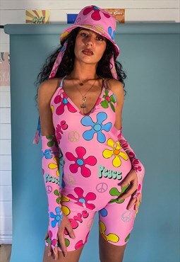 Festival Peace Floral Unitard In Pink 