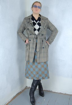 Vintage Y2K Light Checkered Grey Long Trench Coat Jacket 