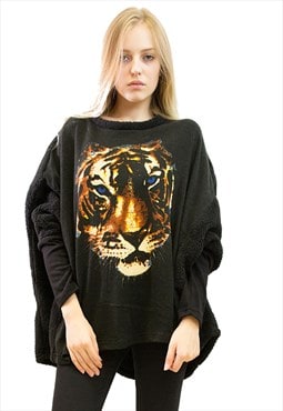 Oversized Jumper with Tiger Print Design in Black