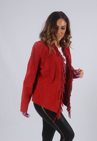 VINTAGE SUEDE LEATHER TASSEL JACKET FRINGE UK L 14 (K2P)