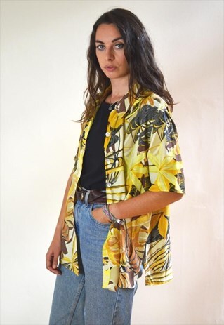 1990S VINTAGE ABSTRACT PATTERN YELLOW & BROWN FESTIVAL SHIRT