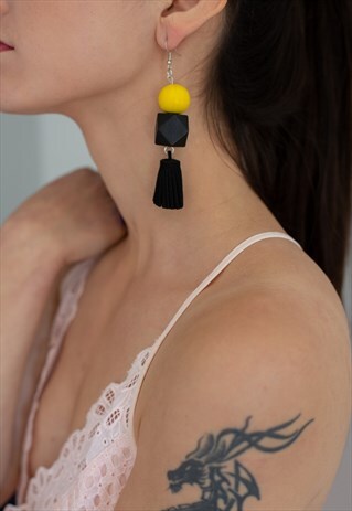 JUHLA YELLOW & BLACK WOOD & FAUX LEATHER TASSEL EARRINGS