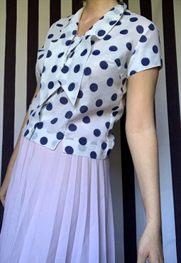 Vintage 80s white blouse with bow, navy polka dots, UK8/10