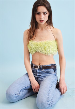 90'S STYLE CUSTOMIZED FURRY FLUFFY KNIT HALTER CROP TOP