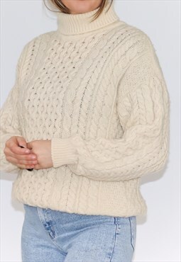 Hand Knitted Irish Roll Neck  Aran Fisherman Jumper