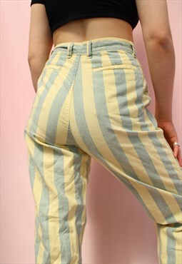 Vintage pastel yellow stripe high waisted mom jeans 