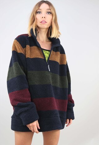 VINTAGE 90S OVERSIZED 1/4 ZIP STRIPE TEDDY FESTIVAL FLEECE